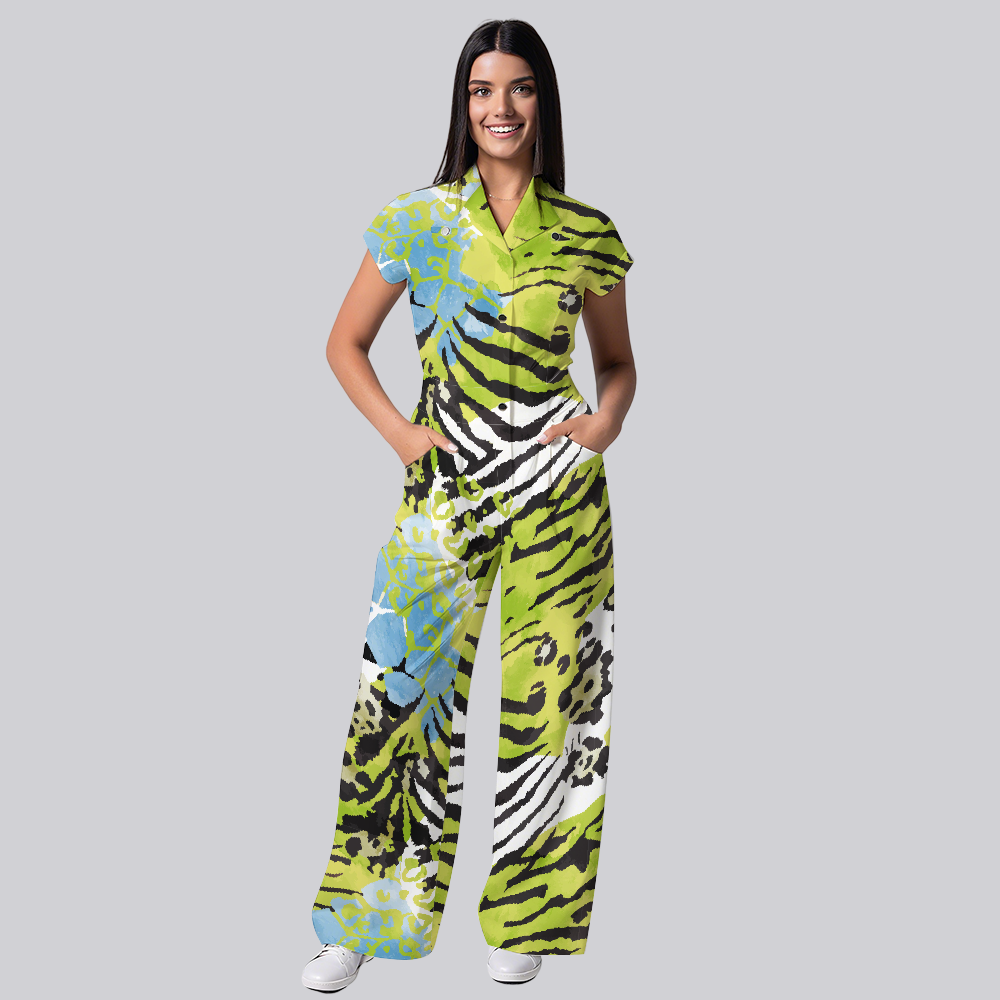 Women's Green Mixed Animal Printed Scrub Jumpsuit JL05