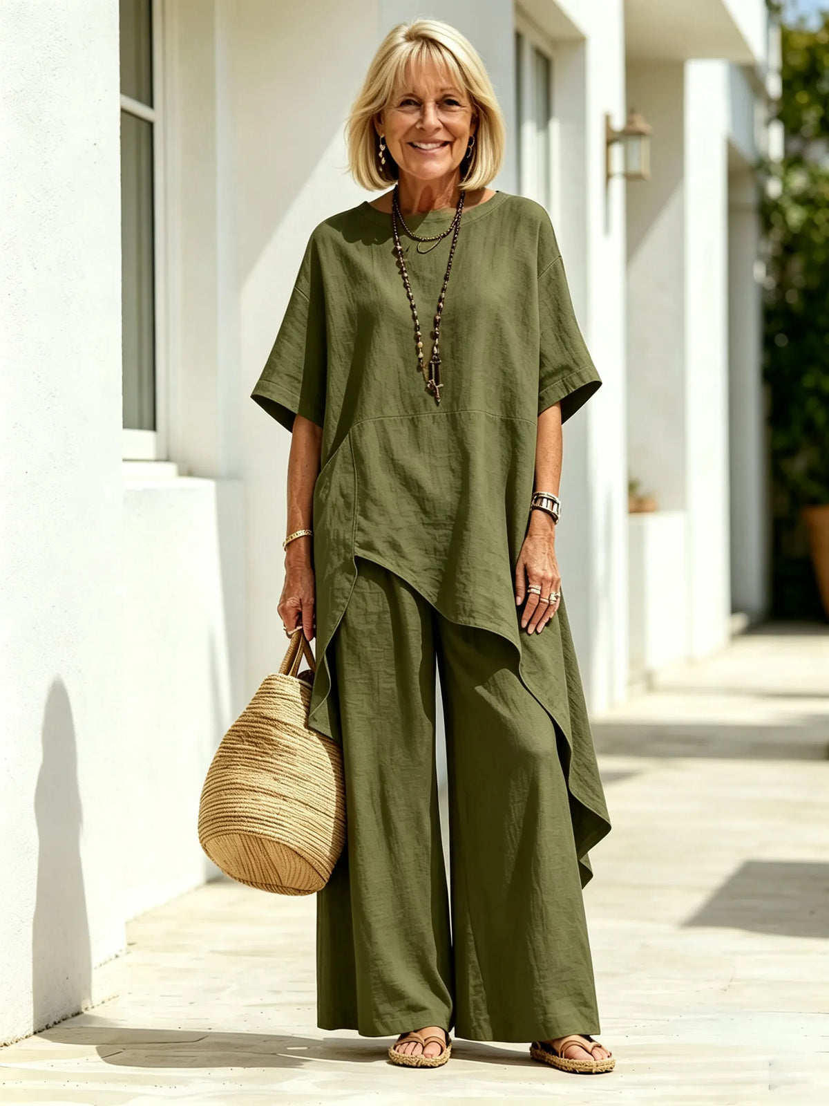 2Pcs Solid Color Cotton Linen Two-piece Outfit, Round Neck Short Sleeve Irregular Hem Tunic Top, Wide Leg Long Pants, Loose Relaxed Fit, Lightweight Breathable Fabric, Flowy Casual Coordinate Set for Daily, Holiday and Outdoor Occasions