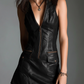 Chocolate Brown Eco Leather Zip-Front Mini Dress With Utility Pockets