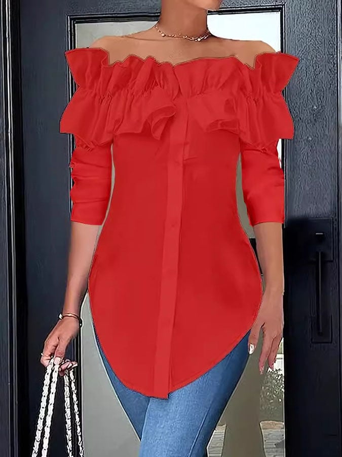 Women's Casual Solid Color Long Sleeve One Shoulder Ruffled Shirt