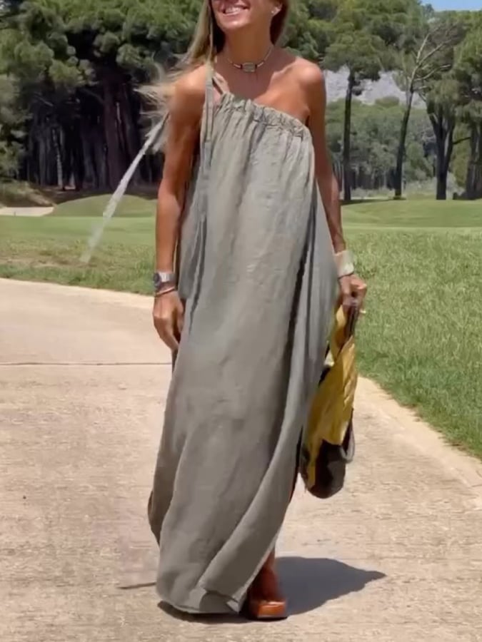 Women's Casual Off-Shoulder Cotton and Linen Maxi Dress