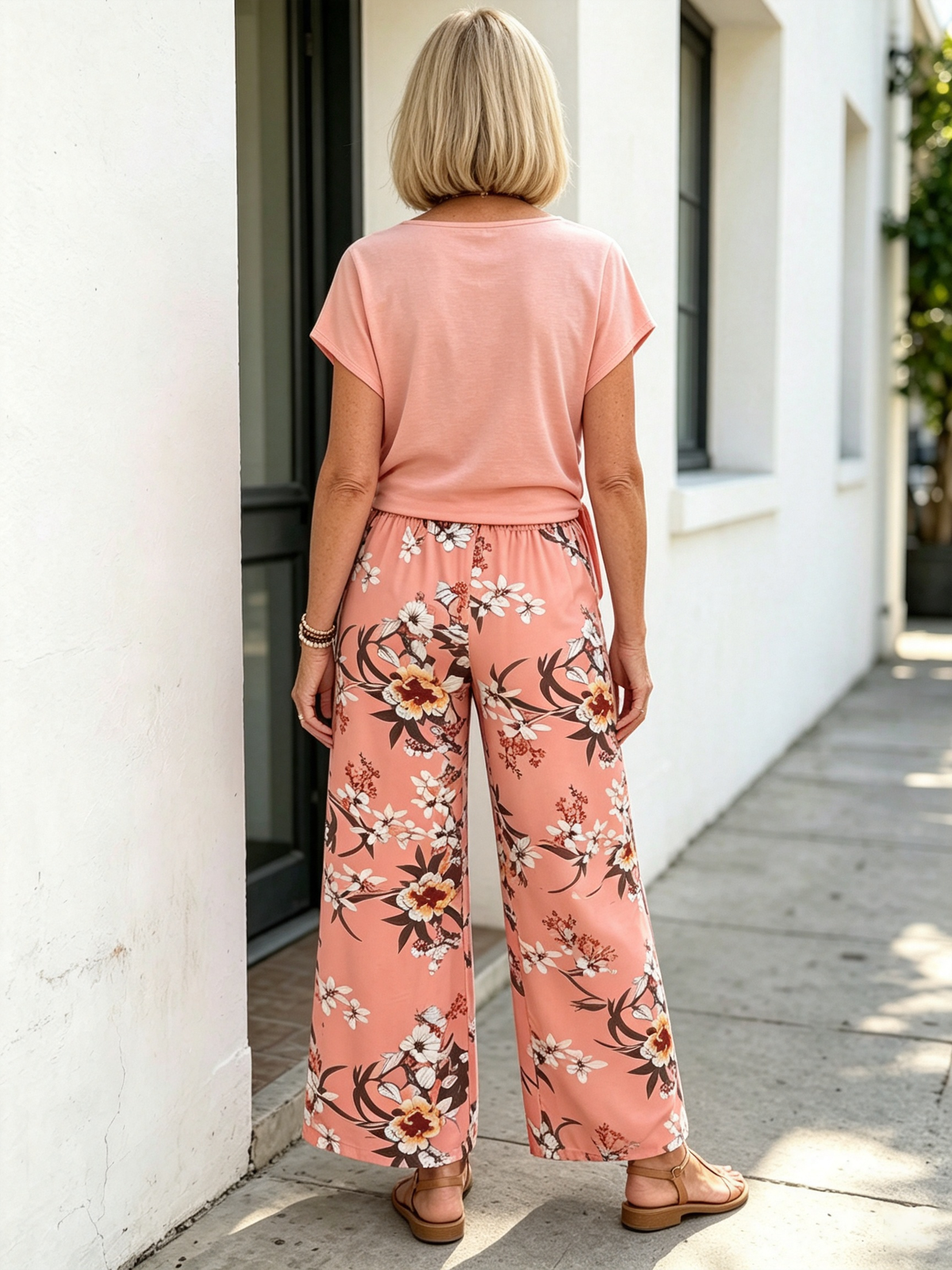 Women Summer Versatile Casual Two-Piece Outfit Set, Solid Green Round Neck Short Cap Sleeve T-Shirt With Irregular Side Knot Detail, Digital Leaf Printed Straight Wide Leg Long Pants Matching Suit, Light Soft Breathable Fabric Minimalist Holiday Commuter