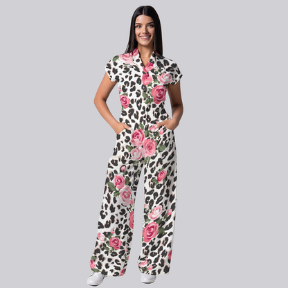 Women's Pink Floral Leopard Printed Scrub Jumpsuit JL04