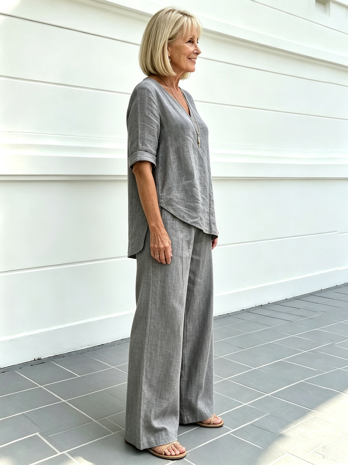 Casual Cotton and Linen Solid Color Fashion Casual Medium Sleeve V-neck Top Set