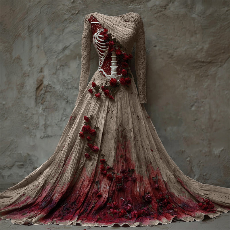 Halloween Bloody Red Roses Skeleton Lace Linen Maxi Dress