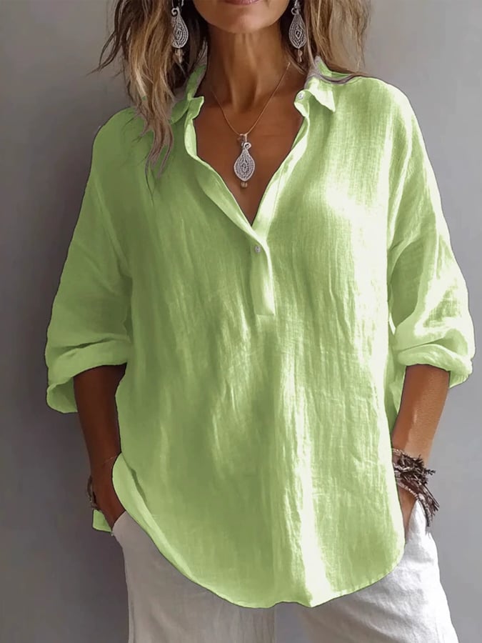 Women's Casual Solid Color Loose Long Sleeve Linen Lapel Shirt