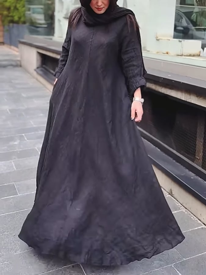 Women's Casual Solid Color Round Neck Long Sleeve Cotton and Linen Dress