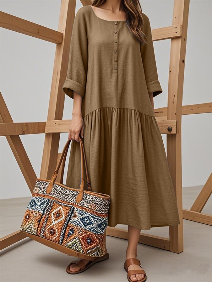 Women'S Solid Color Square Neck Retro Button A-Line Loose Holiday Dress