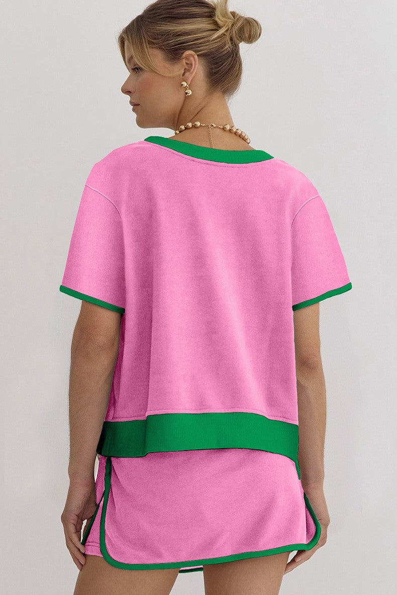 Women's Colorblock Edge Drop Shoulder T-Shirt Skort 2Pcs Set (Buy 3 Free Shipping)