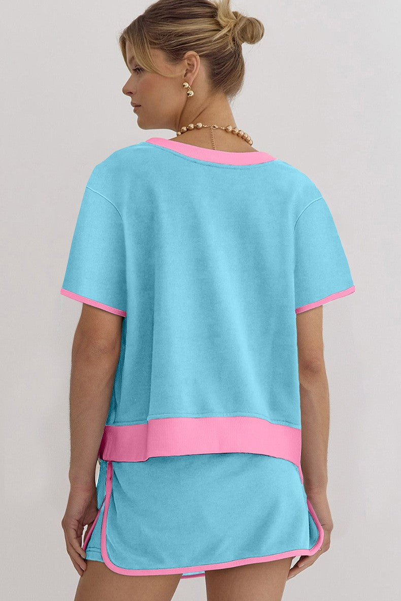 Women's Colorblock Edge Drop Shoulder T-Shirt Skort 2Pcs Set (Buy 3 Free Shipping)
