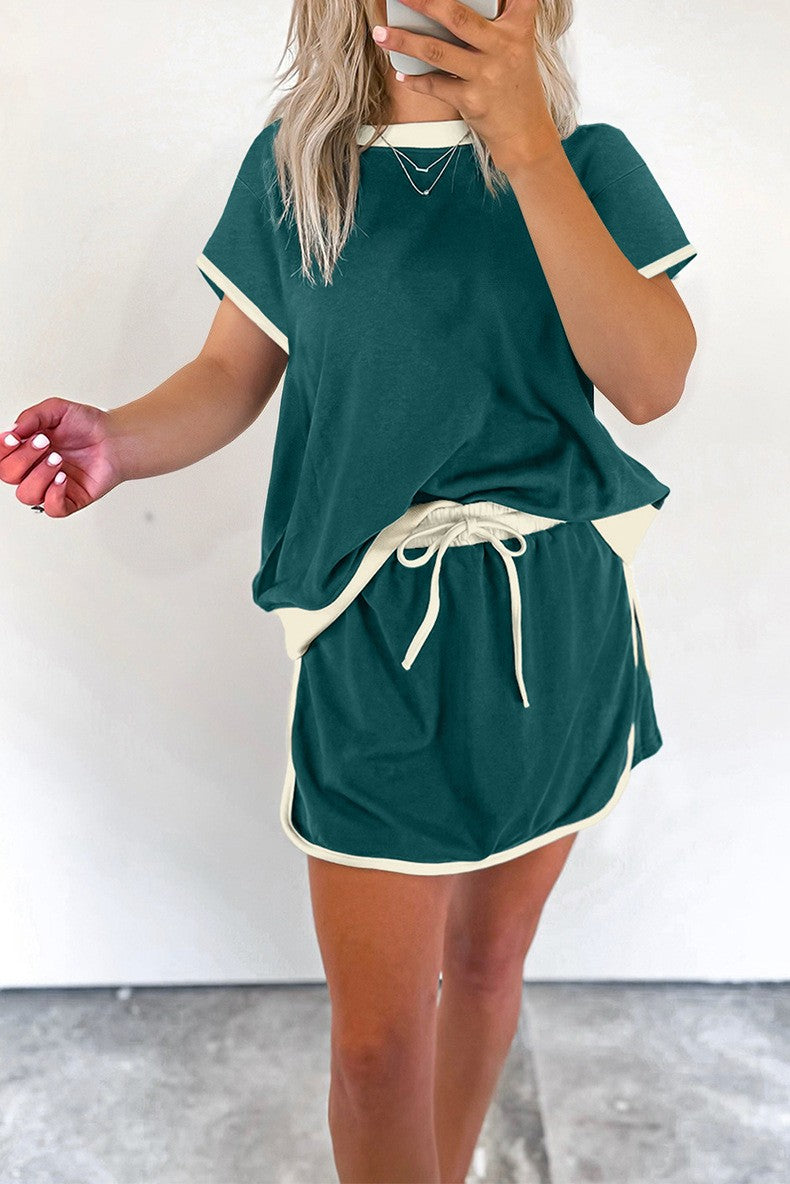 Women's Colorblock Edge Drop Shoulder T-Shirt Skort 2Pcs Set (Buy 3 Free Shipping)