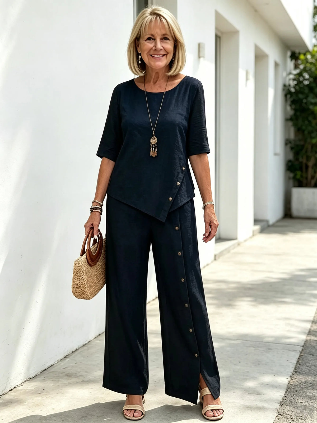 2Pcs Cotton and Linen Irregular Hem Trousers Set Button Half Sleeve Shirt Loose Two-piece Set