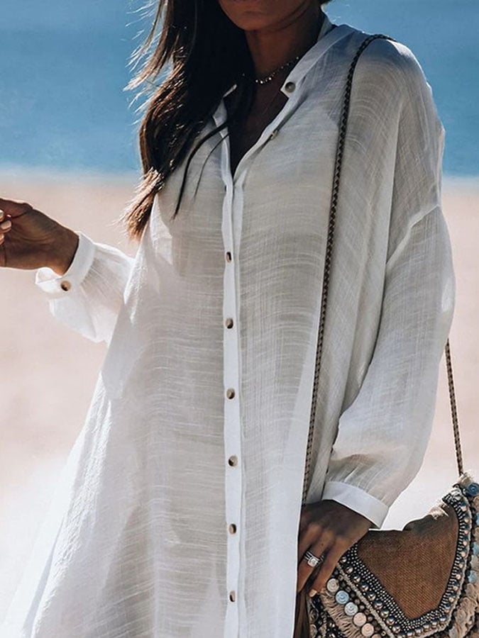 Women's Casual Solid Color V-Neck Long Sleeve Button Dress