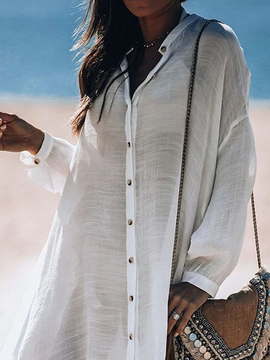 Women's Casual Solid Color V-Neck Long Sleeve Button Dress