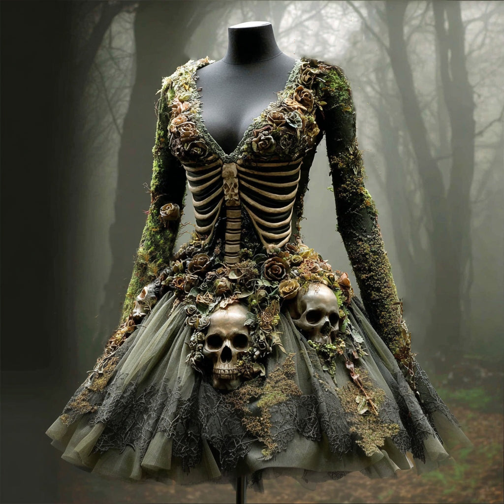 Women's Halloween Skull Flowers Moss Witch Midi Dress