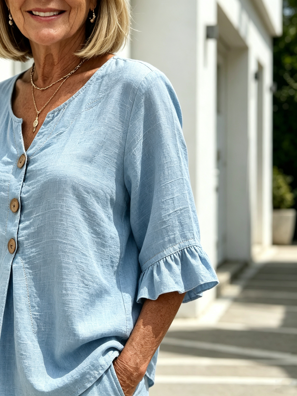 Women Solid Color Casual Shorts Two-Piece Pants Set, Woven Textured Faux Linen Matching Outfit, V-Neck Single Row Wooden Button Blouse With Ruffle Flared 5/7 Length Flutter Sleeves, Loose Relaxed Fit Elastic Waist Knee-Length Bermuda Three Point Shorts Wi