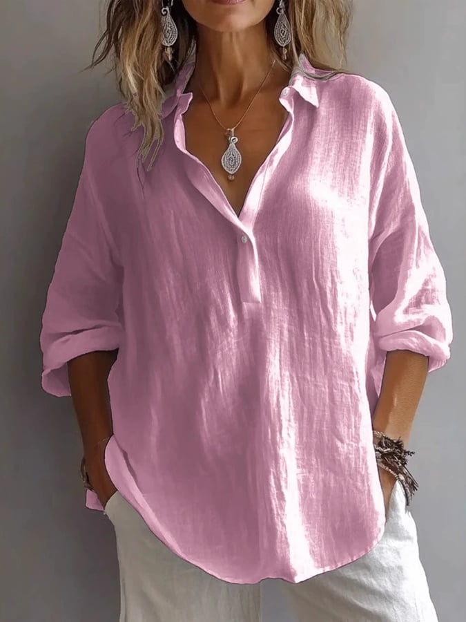 Women's Casual Solid Color Loose Long Sleeve Linen Lapel Shirt