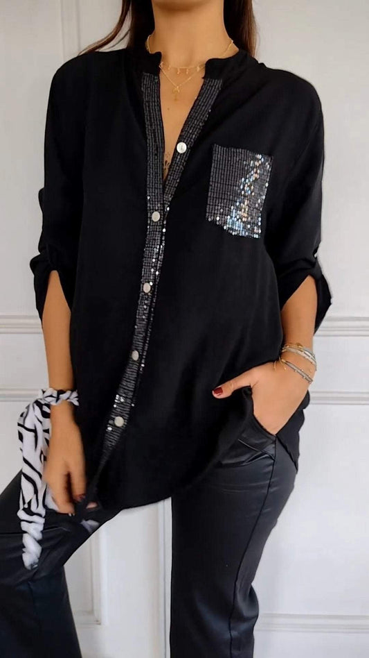 Cotton V-neck Sequin Mid-sleeve Casual Top (Buy 3 Free Shipping)