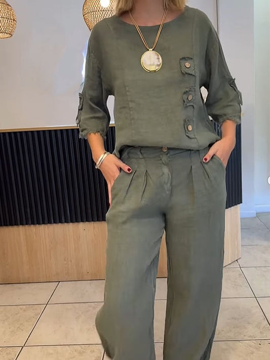 Women's Casual Solid Color Round Neck Mid Sleeve Long Pants Cotton and Linen Two-piece Set