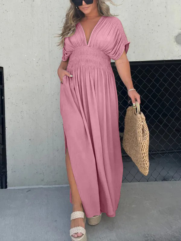 New Slit V-Neck Effortless Maxi Long Dress (Buy 2 Free Shipping)-Pink Laura