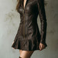 Brown Eco Leather Fitted Zip-Up Mini Dress With Flared Hem