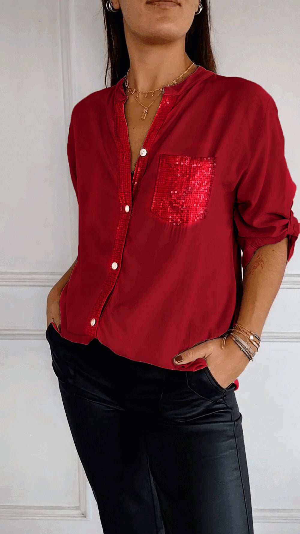 Cotton V-neck Sequin Mid-sleeve Casual Top (Buy 3 Free Shipping)