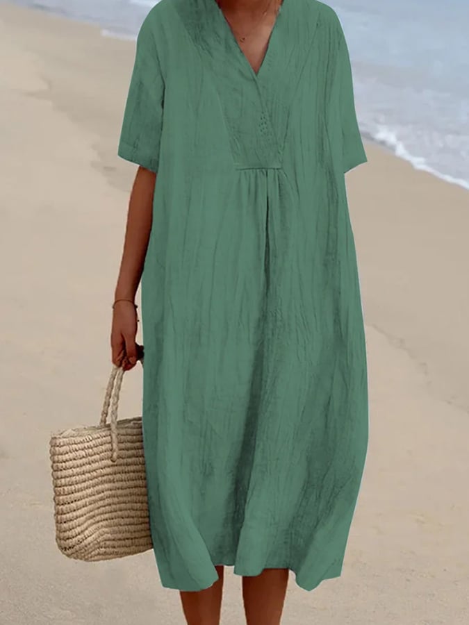 Loose Short Sleeved Solid V-Neck Dress