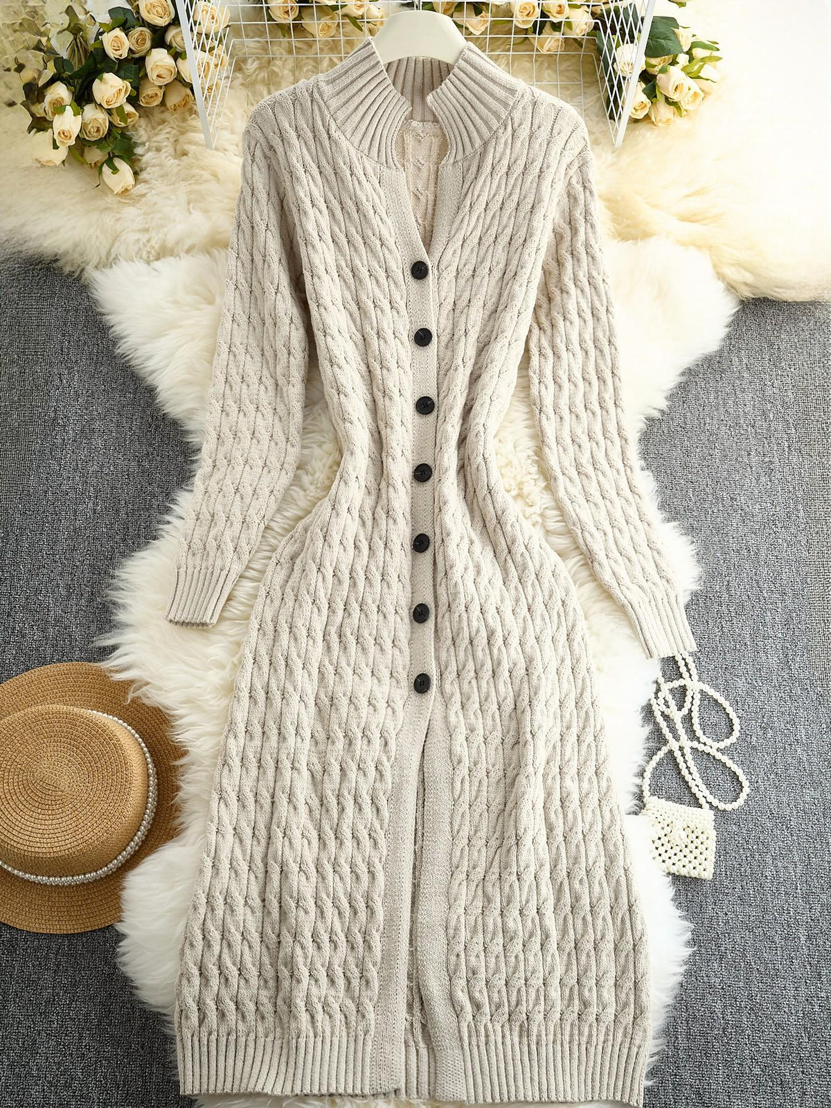 Limited time sale🔥Women's Stand Collar Single Button Cable Knit Long Cardigan
