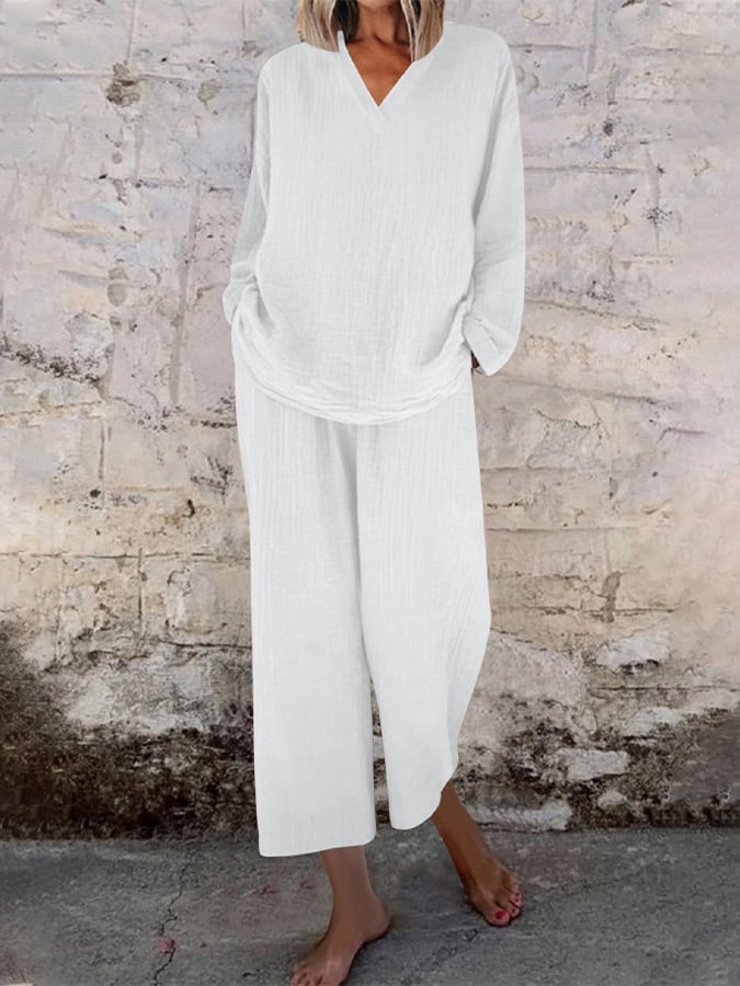 Women's Casual V-neck Pullover Long Sleeve + Pocket Trousers Cotton and Linen Suit