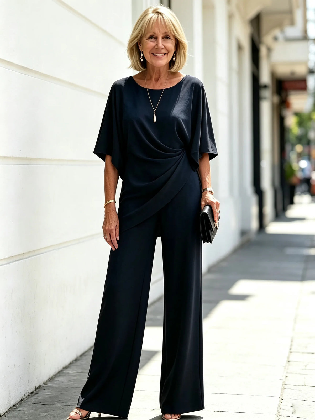 2 Piece Outfit Set, Boat Neck Dolman Short Sleeve Wrap Draped Top, High Waist Wide Leg Long Trousers, Smooth Soft Fabric, Elegant Tailored Pant Suit, Suitable for Banquet, Wedding, Party and Daily Commuter Occasions