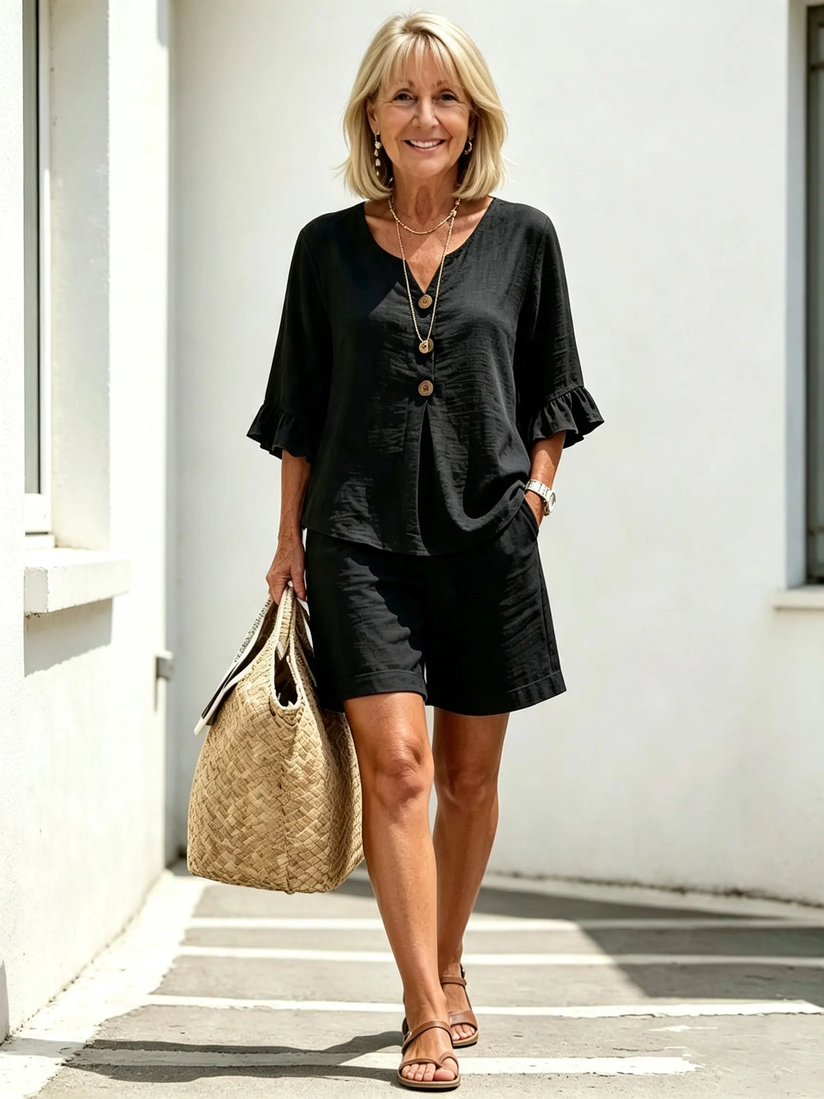 Women Solid Color Casual Shorts Two-Piece Pants Set, Woven Textured Faux Linen Matching Outfit, V-Neck Single Row Wooden Button Blouse With Ruffle Flared 5/7 Length Flutter Sleeves, Loose Relaxed Fit Elastic Waist Knee-Length Bermuda Three Point Shorts Wi