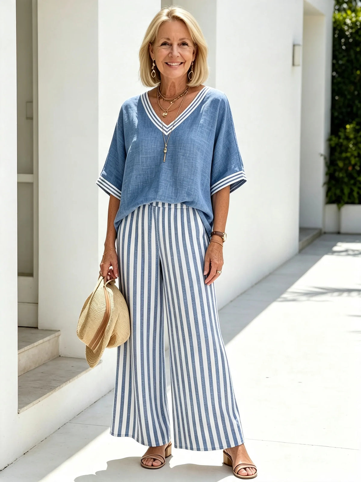 Women Cotton Linen Vacation Two-Piece Outfit Set, Contrast White Striped V-Neck Loose Short Sleeve Top With Striped Cuffs, Matching Green Vertical Striped High Waist Wide Leg Trousers, Lightweight Breathable Textured Fabric Relaxed Fit Casual Holiday Comm