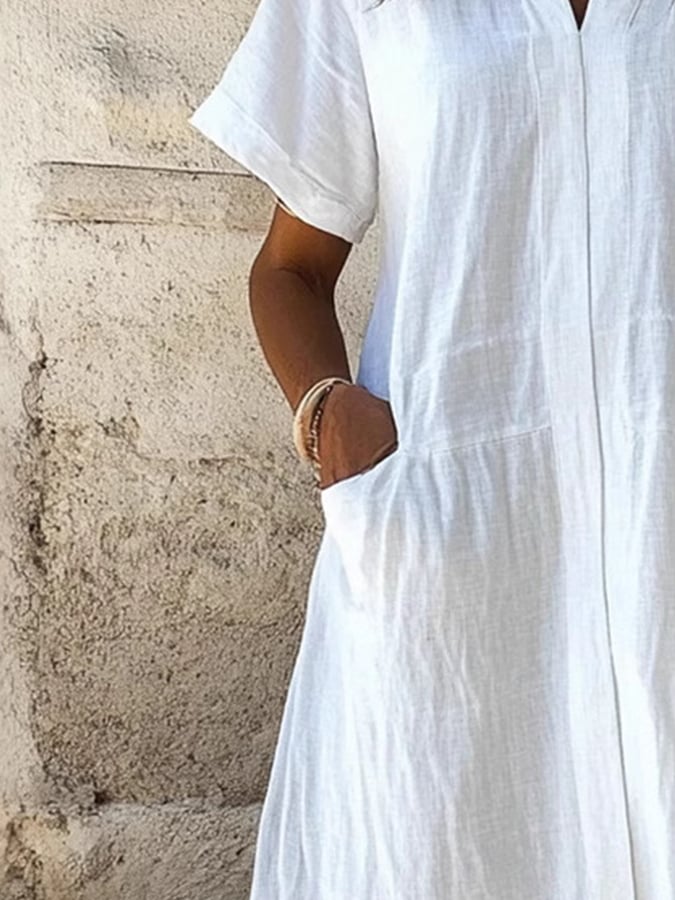 Women'S Casual Spring And Summer Loose V-Neck Solid Color Cotton And Linen Dress