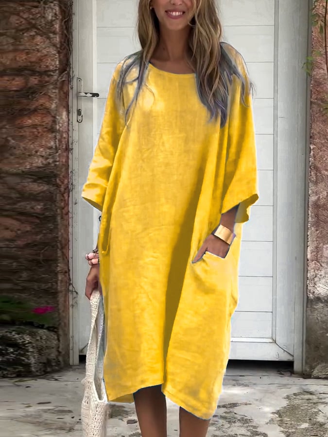 Women'S Casual Solid Color Loose Cotton And Linen Dress
