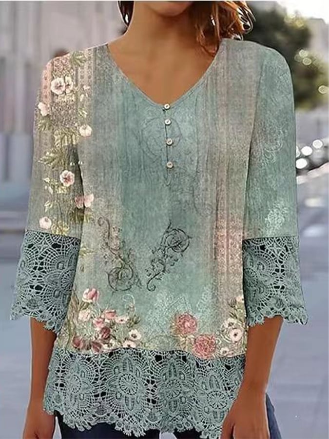 Women's Casual Lace Print Button Top