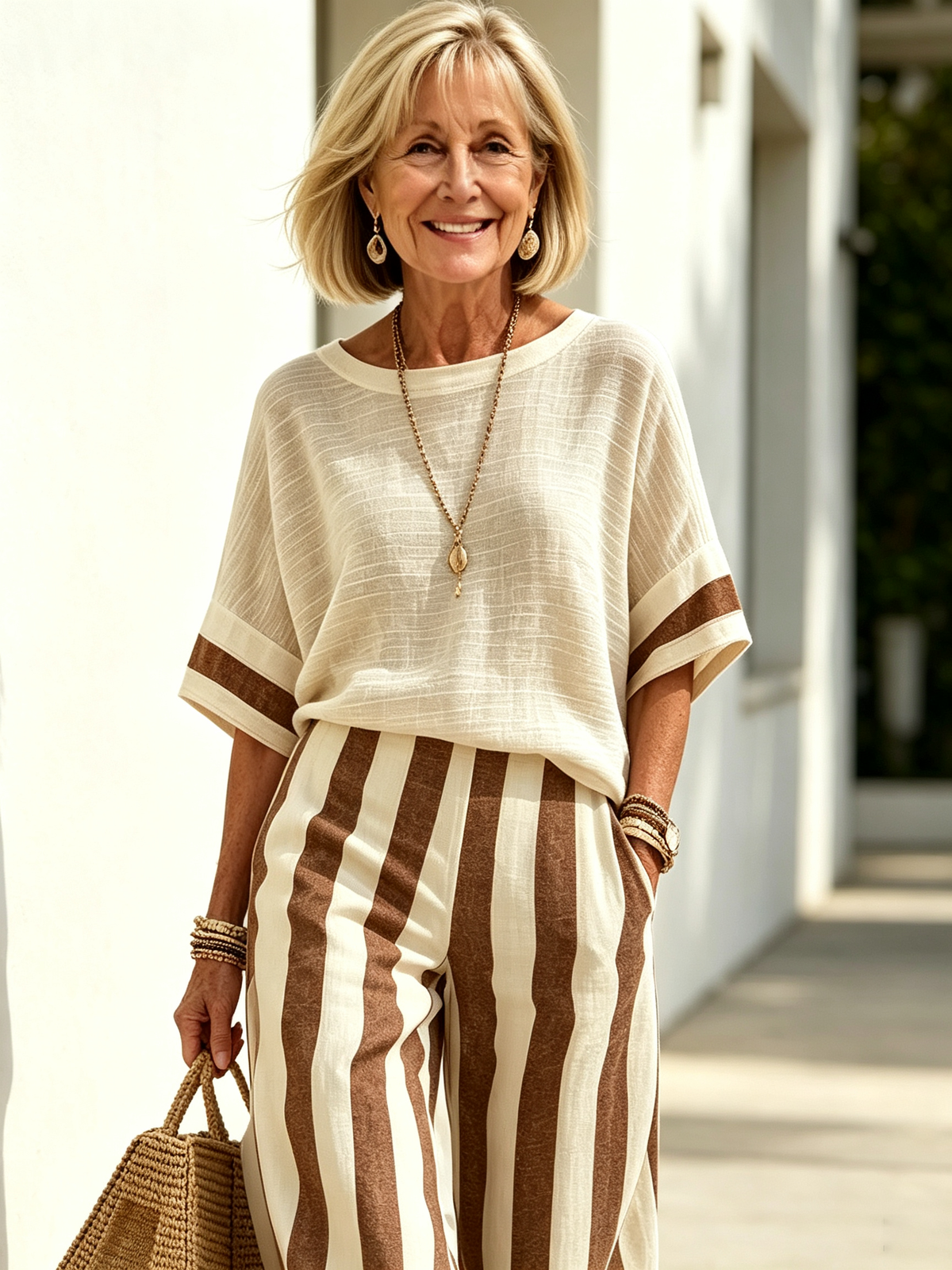 2Pcs Casual Cotton Linen Outfits Short Sleeve Loose Top with Striped Wide Leg Pants Set Summer Beach Vacation Holiday Streetwear Matching Sets