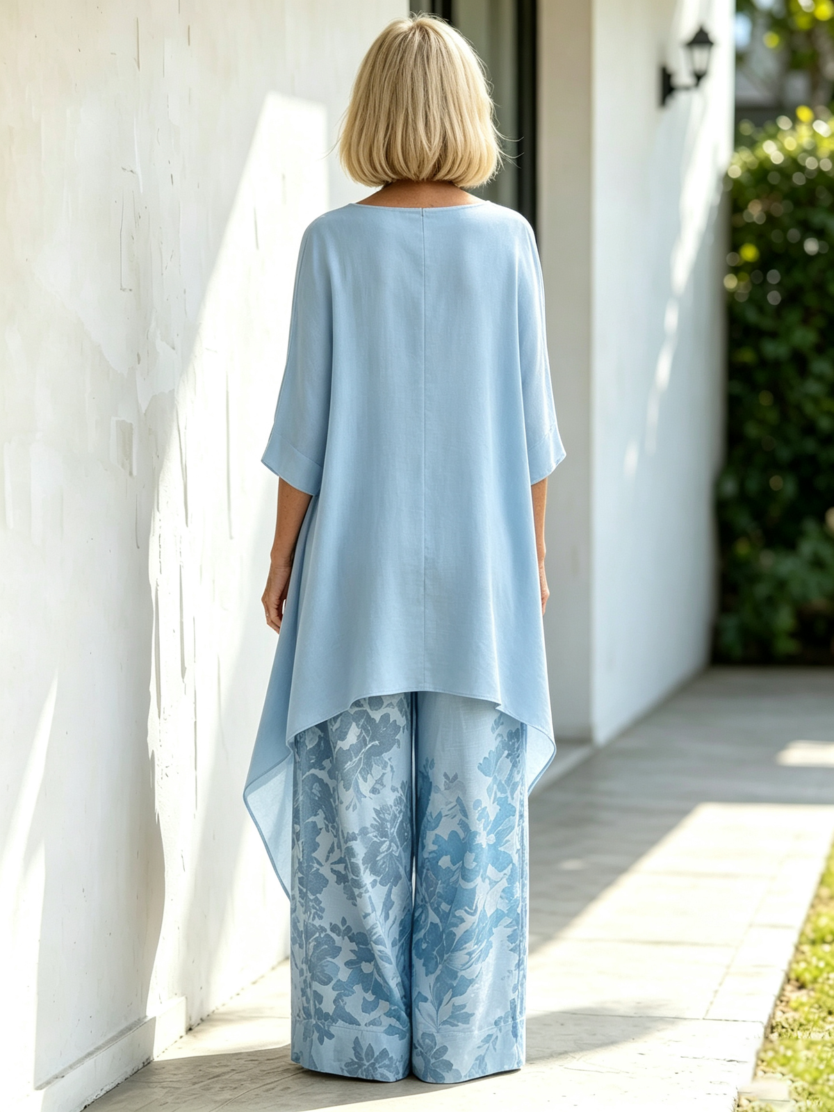 2‐Piece Outfit Set, Solid Color Asymmetrical Draped 3/4 Sleeve Boat Neck Top, Floral Printed High‐Waist Wide‐Leg Pants With Side Pockets, Loose Flow‐y Linen‐blend Fabric, Relaxed Silhouette For Daily Wear, Vacation And Casual Occasions