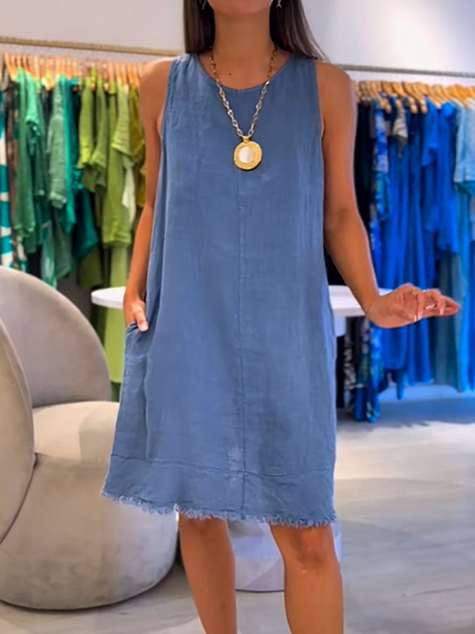 Women's Casual Solid Color Round Neck Sleeveless Splicing Dress