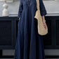 Women's Casual Solid Color V-Neck Long Sleeve Cotton and Linen Dress