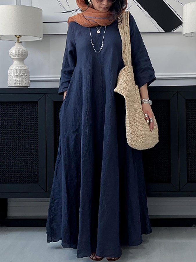Women's Casual Solid Color V-Neck Long Sleeve Cotton and Linen Dress