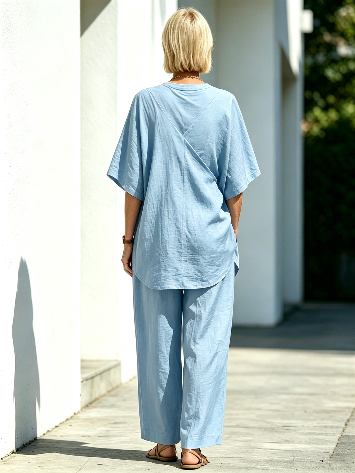 2Pcs Loose Short-sleeved Irregular Hem Top Wide-leg Pants Trousers Women's Suit