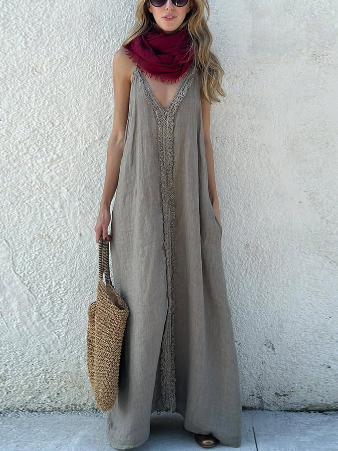 Women'S Casual Cotton And Linen Suspender Maxi Dress