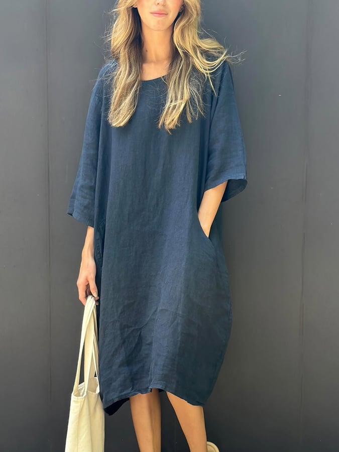 Women'S Casual Solid Color Loose Cotton And Linen Dress