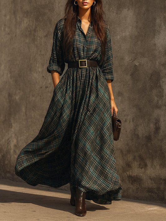 Retro Plaid Cotton-blend Single-breasted Maxi Dress With Belt