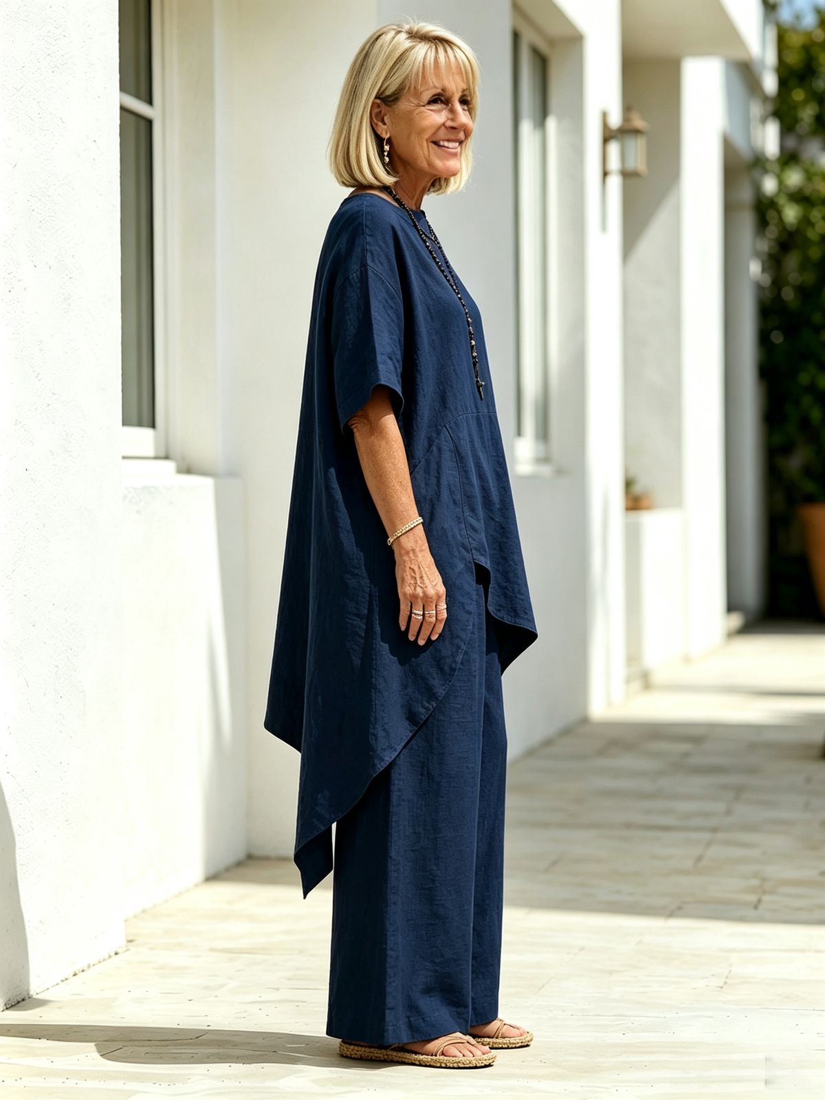 2Pcs Solid Color Cotton Linen Two-piece Outfit, Round Neck Short Sleeve Irregular Hem Tunic Top, Wide Leg Long Pants, Loose Relaxed Fit, Lightweight Breathable Fabric, Flowy Casual Coordinate Set for Daily, Holiday and Outdoor Occasions