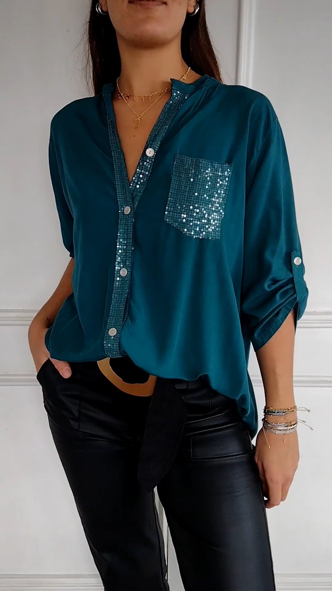 Cotton V-neck Sequin Mid-sleeve Casual Top (Buy 3 Free Shipping)