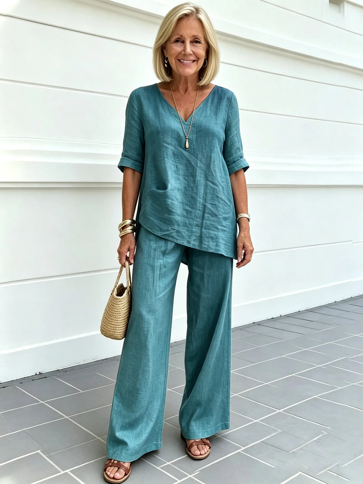 Casual Cotton and Linen Solid Color Fashion Casual Medium Sleeve V-neck Top Set