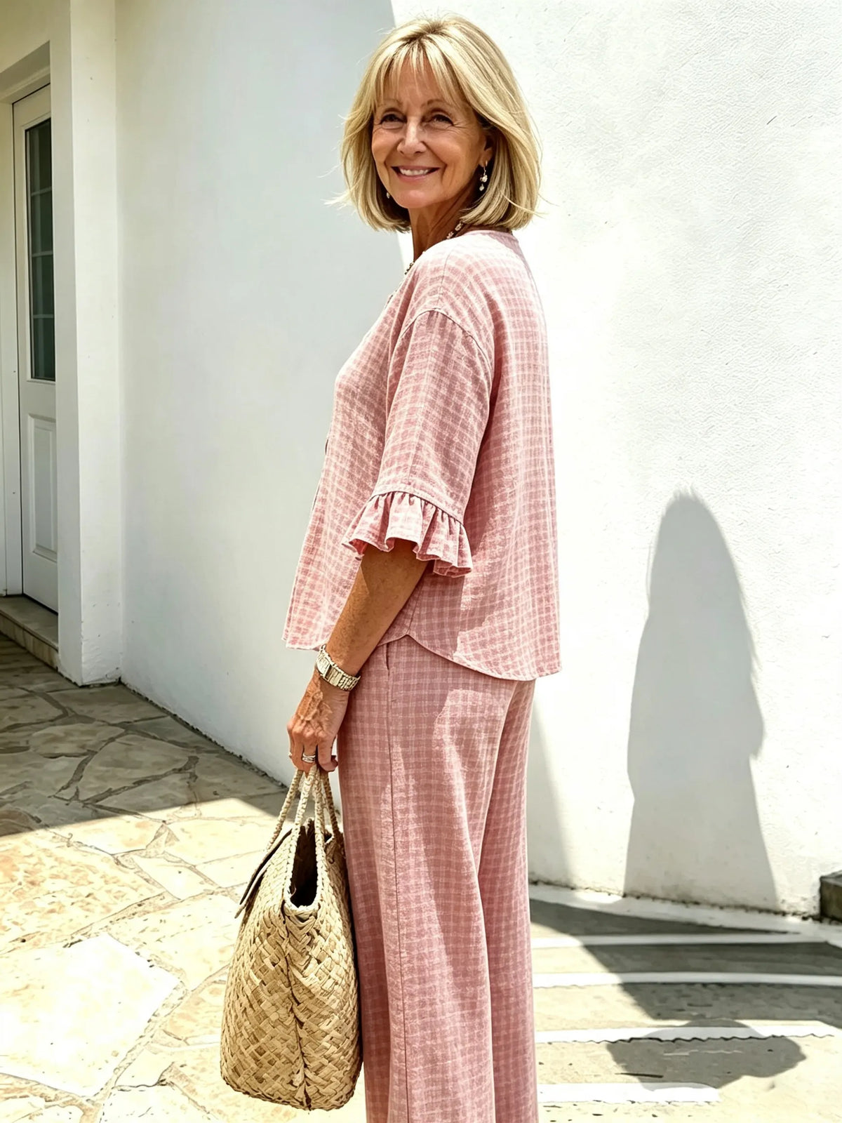 Women Elegant Linen Blend Plaid Two-Piece Casual Pant Set, Woven Textured Gingham Check Pattern Matching Outfit, Notch V-Neck Three Wooden Button Front Top With Ruffle Flared 7/4 Length Bell Flounce Sleeves, Loose High Waist Wide Leg Full Length Trousers