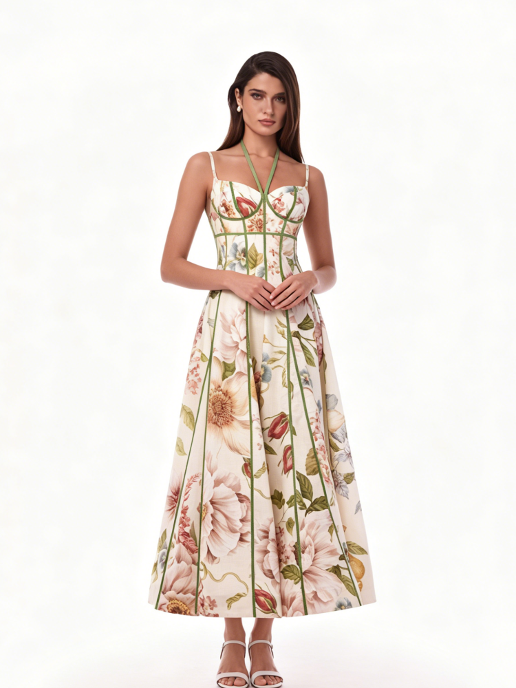 Cream Floral Corset Bustier Midi Dress