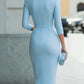 Light Blue Boat Neck 3/4 Sleeve Ruched Waist Wrap Bodycon Midi Dress